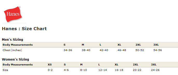 Hanes . . Size Chart